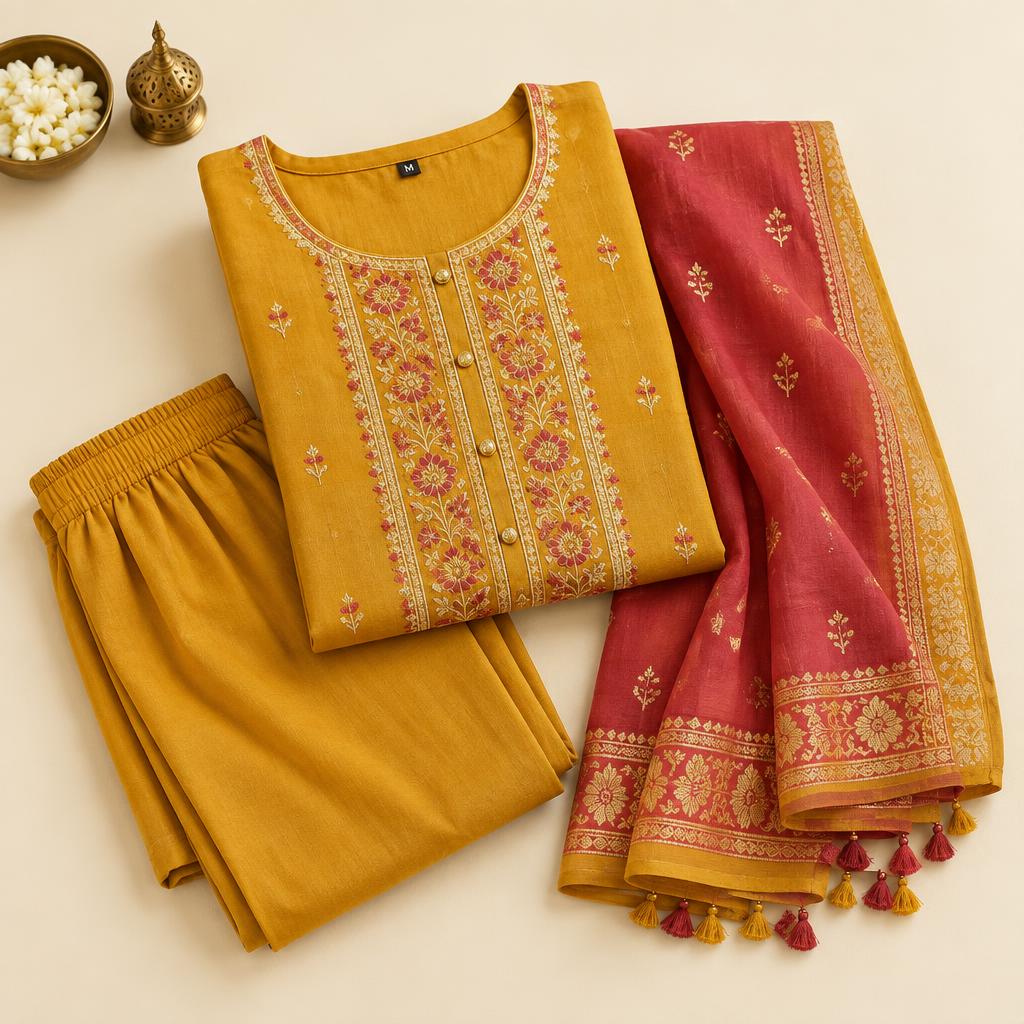Amayra Women's Pure Cotton Kurta Set with Palazzo & Dupatta